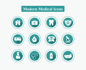 Modern flat style medical icons with teal backgrounds and long shadows, ideal for health, clinic, or hospital-related designs.