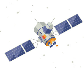 Fototapeta premium Satellite with solar panels orbiting in space vector illustration digital technology 