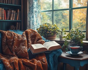 Cozy reading nook with book and tea.