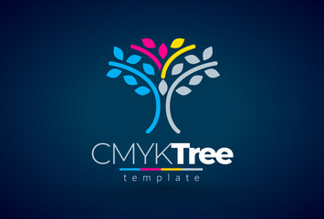Cmyk Logo. Abstract Tree and Leafs. Printing theme. Template design vector. Black background