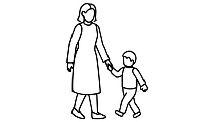 Vector outline illustration of a parent walking hand in hand with a child, representing unity and support