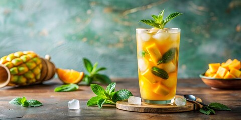 Fototapeta premium Refreshing Iced Tropical Fruit Tea with Mint Garnish
