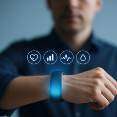 Wrist wearable IoT band displaying health metrics and data insights in modern environment