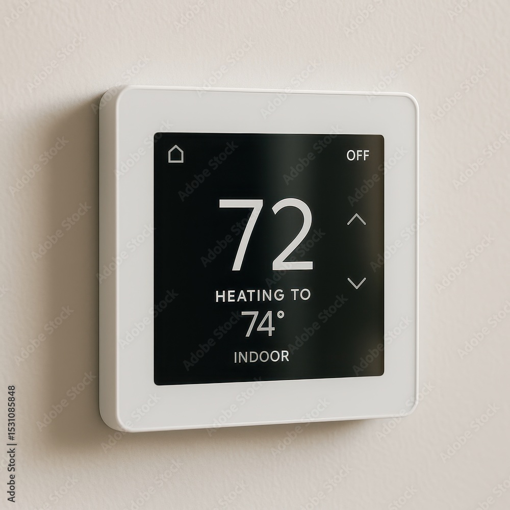 Poster smart home thermostat display showing current temperature and heating settings for optimal comfort