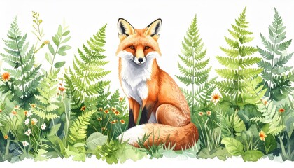 Obraz premium Watercolor Fox Portrait Amidst Ferns and Wildflowers, Forest Edge Illustration