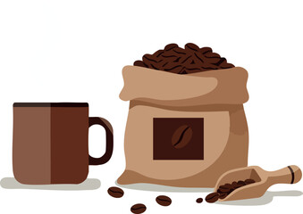 Coffee beans in sack with brown cup and wooden scoop vector illustration 