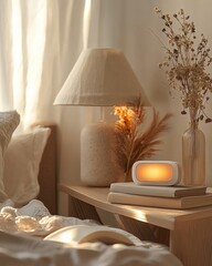 Cozy bedroom with warm light and decor.