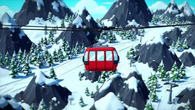 Vibrant animated winter landscape with scenic cable car