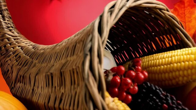 Festive wicker cornucopia overflowing with autumn harvest produce and colorful fall leaves on a bright red background.