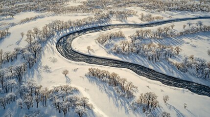 Aerial View of a Winding River Cutting Through a Snowy Winter Landscape with Sparse Trees