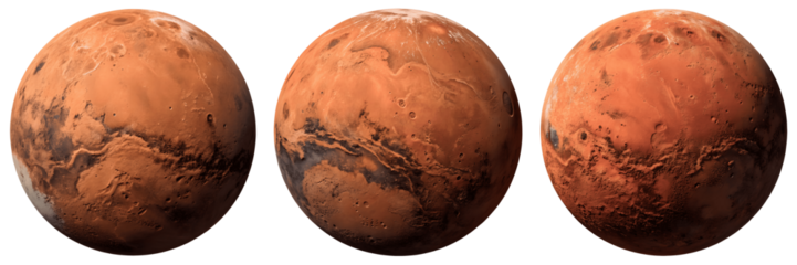 A Set for Three views of the red planet mars, isolated on transparent background