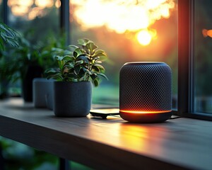 Modern speaker on a wooden table with plants.