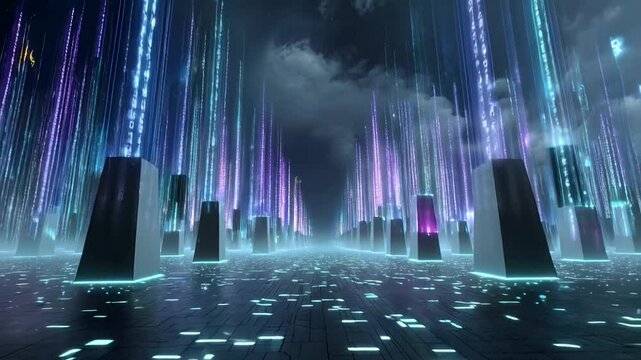 Futuristic server farm with binary code rain