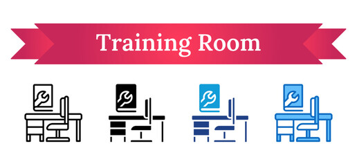 Training Room Multi Style Icon - Desk and chair with wrench poster represents classroom or training room for hands-on trainee sessions