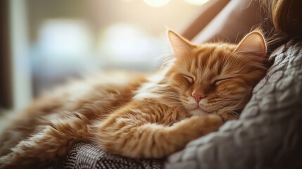 Cozy ginger cat peacefully sleeping on a person's lap in warm sunlight during a quiet afternoon at home