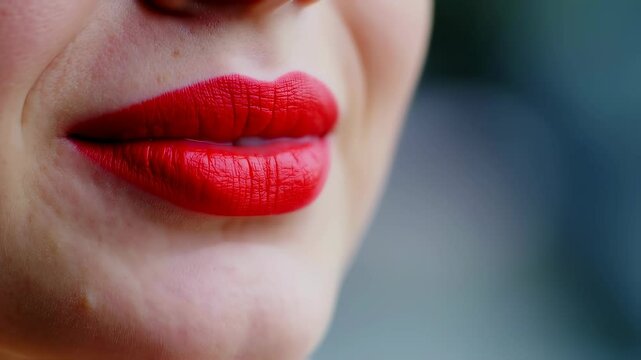 Closeup of red lipstick transformation: smile to relaxed lips