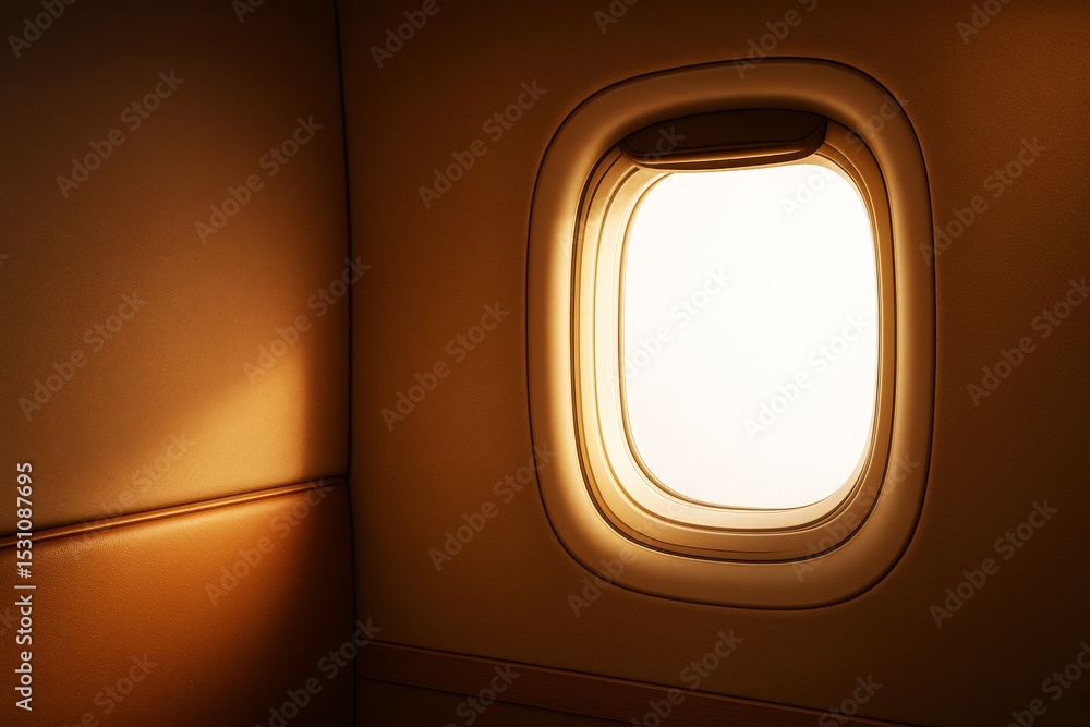Poster close-up view of airplane window with warm sunlight illuminating sleek interior wall in minimal grap