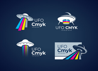 Set Logo CMYK print. UFO theme. Template design vector. Black background
