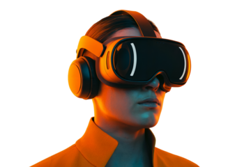 Person wearing futuristic vr headset with orange lighting in a dark on transparent background 3d man