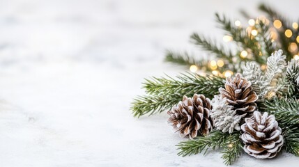 Decorative pine cones and greenery on a snowy surface.