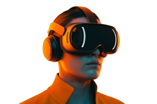 Person wearing futuristic vr headset with orange lighting in a dark on transparent background 3d man