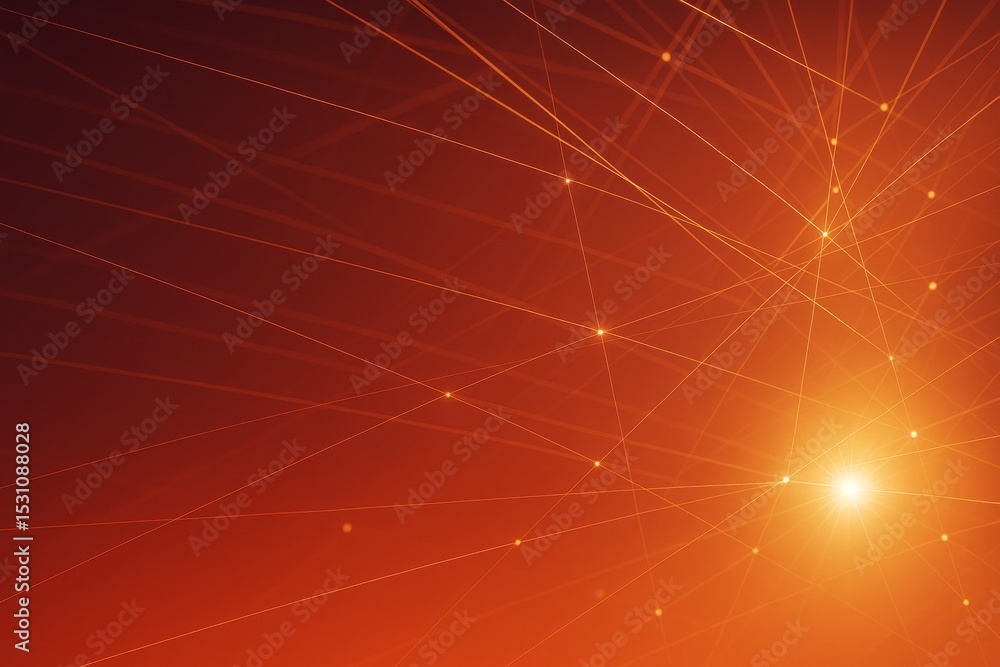 Poster Abstract glowing lines and light points over gradient orange background with bright flare in lower right corner, digital graphic concept design.