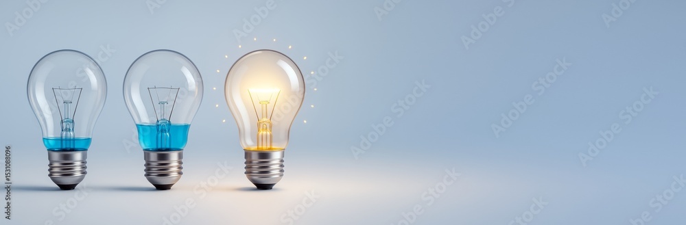 Poster three light bulbs with one glowing bright on soft blue background symbolizing creativity or innovati
