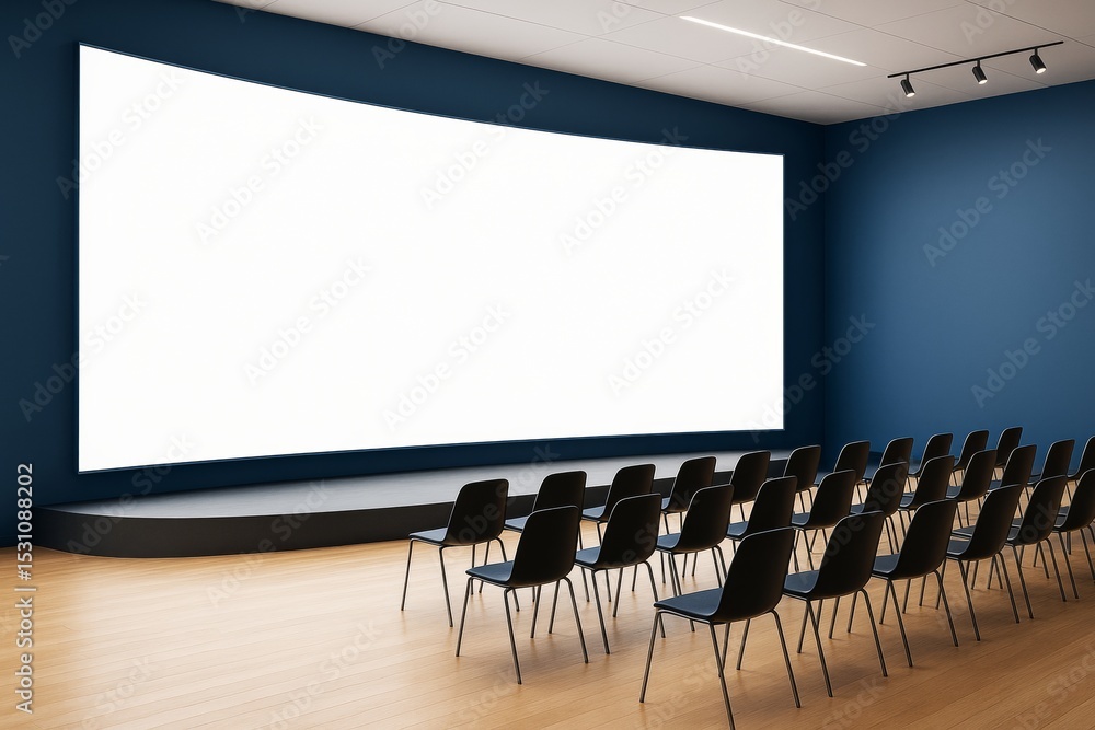 Poster empty modern auditorium with blank curved screen and rows of black chairs on wooden floor in blue ro