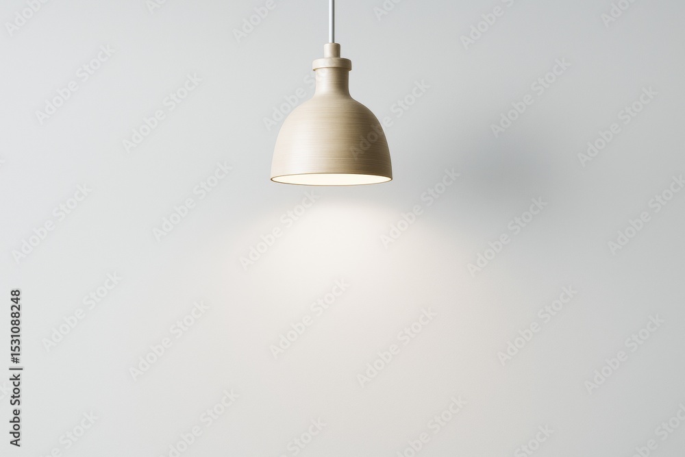 Poster Minimalistic beige pendant lamp casting soft light on plain white wall with empty copyspace for clean design or branding concept mockup background.