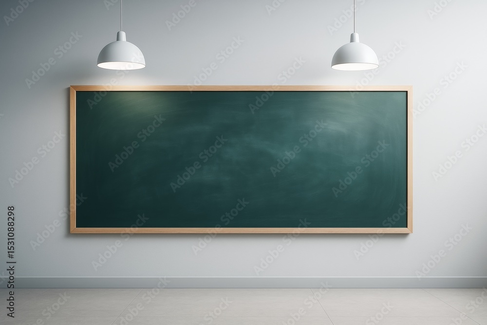 Poster empty green chalkboard with wooden frame under two ceiling lights on clean white wall background in 