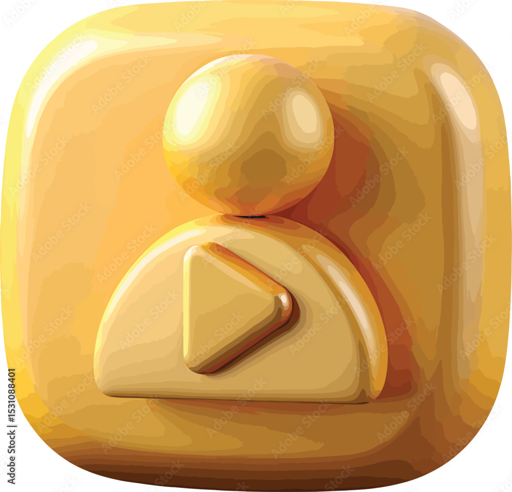 Poster a 3d gold-colored icon depicting a person with a play button inside, symbolizing a user profile or v