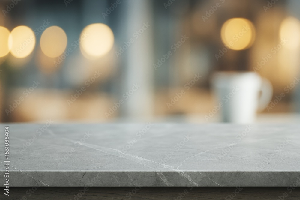 Poster Empty marble table surface with soft blurred bokeh lights and white coffee mug background for product mockup or branding design concept scene.