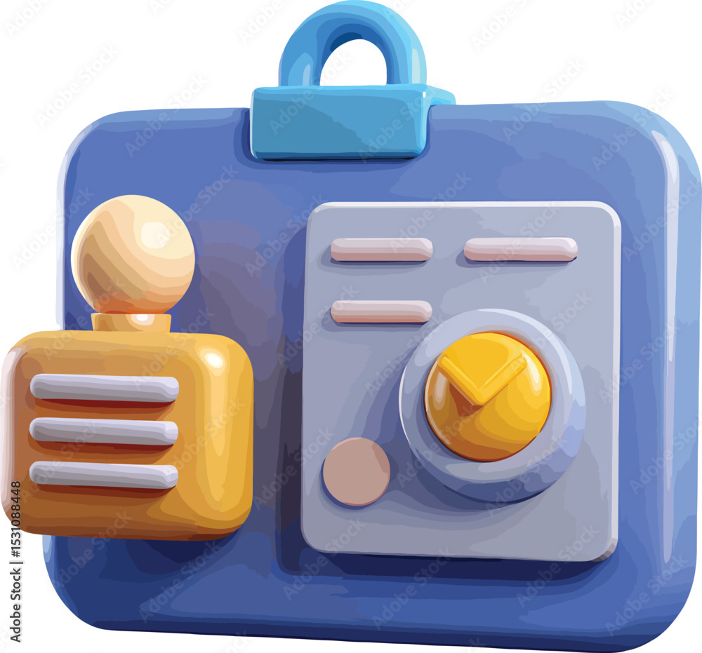 Fototapete a 3d rendering of a stylized camera icon with a handle, three horizontal lines, and a circular yello