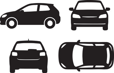 Car silhouette icons set side, front, back, and top views vector art illustration.