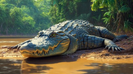 Alligator Relaxing On Muddy Riverbank With Green Foliage Backdrop During Sunny Day