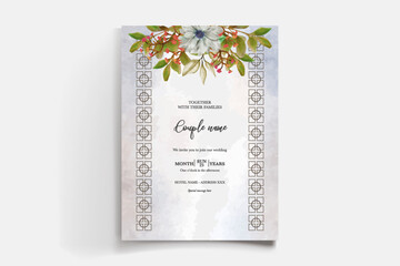 WEDDING INVITATION FRAME WITH FLOWER DECORATIONS AND FRESH LEAVES