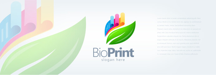 Bio Print Logo. Printing Ecology theme CMYK Color Papers and Green Leaf. Template design vector. White background