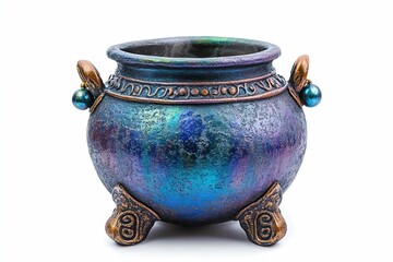 A large, brown pot with a black handle and a black and brown design.  , isolated on white background.