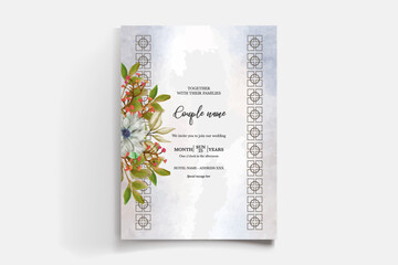 WEDDING INVITATION FRAME WITH FLOWER DECORATIONS AND FRESH LEAVES