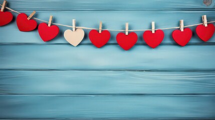 Red hearts hanging from above. Valentine background with copy space.