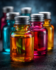 close-up of colorful glass bottles with metallic caps