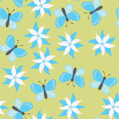 Seamless blooming floral pattern based on hand drawn art ornaments. Colorful flowers, leaves, plants on color background. Vector illustration. Simple minimalistic pattern for fabric, textile.