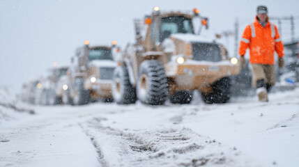 Winter Construction Scene with Worker in Orange Jacket