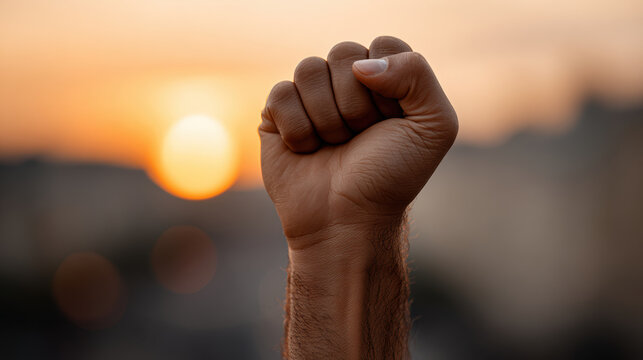 Close up of raised fist with sunset background symbolizing strength and unity