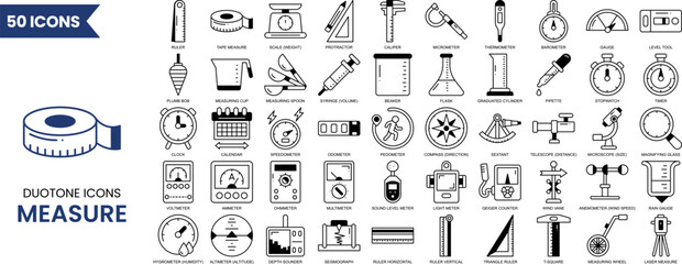 Measure icon set in duotone style. Containing measurement, scale, size, ruler, gauge, dimension, temperature and more. Vector illustration