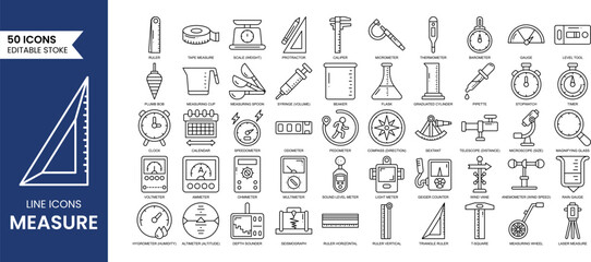 Measure line editable icon set. Containing measurement, scale, size, ruler, gauge, dimension, temperature and more. Vector illustration