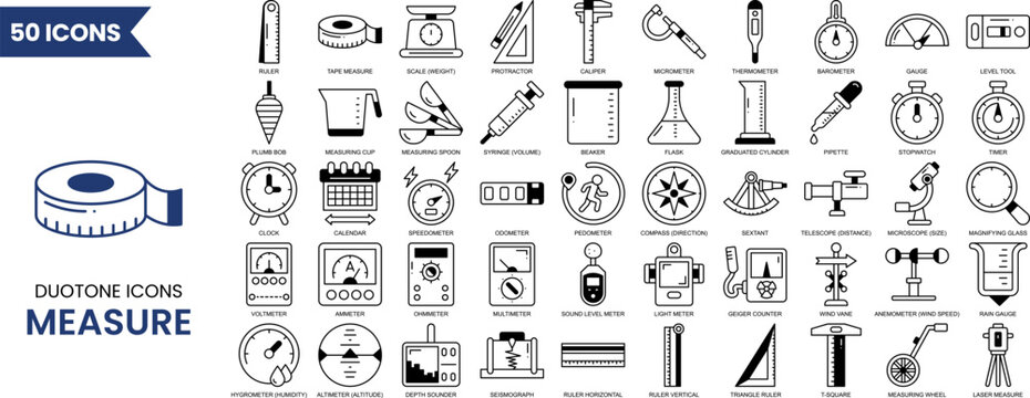 Measure icon set in duotone style. Containing measurement, scale, size, ruler, gauge, dimension, temperature and more. Vector illustration