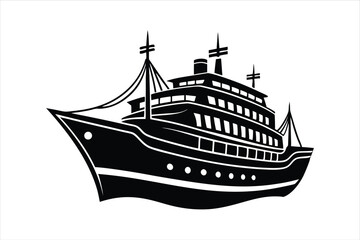 Boat Silhouette Vector Art with Black Outline on White Background