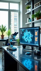 Modern laboratory setup with a microscope and computer displaying molecular structures