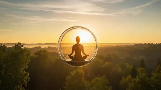 Futuristic Meditation Pod - 4K Serene Sunset Scene with Floating Glass Sphere Over Forest for Mindfulness, Sci-Fi & Relaxation Content  
